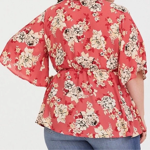 FLORAL WRAP GEORGETTE BABYDOLL BLOUSE CORAL Size 00 - Picture 8 of 15